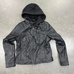 Black faux leather jacket with removable hood and zipper details